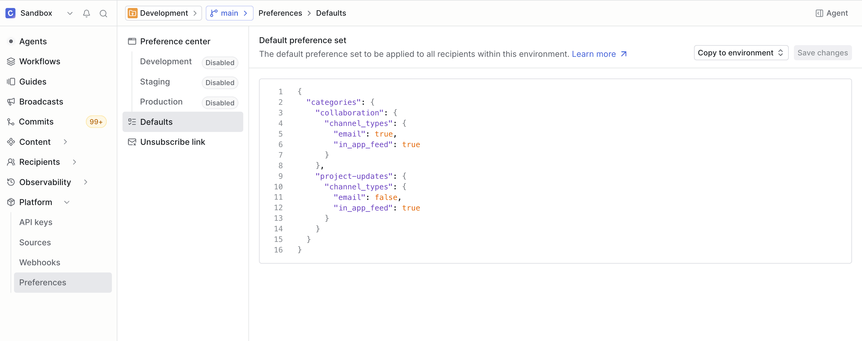 Creating a default preference set in Knock dashboard